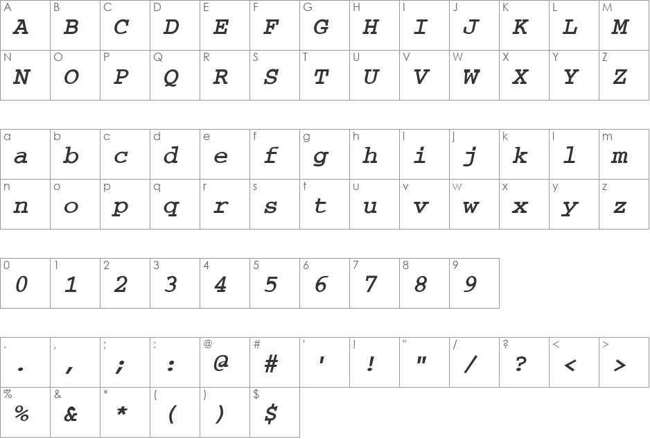 Courier-BoldOblique font character map preview