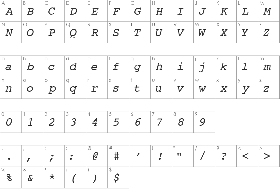 Courier-Normal-Italic font character map preview