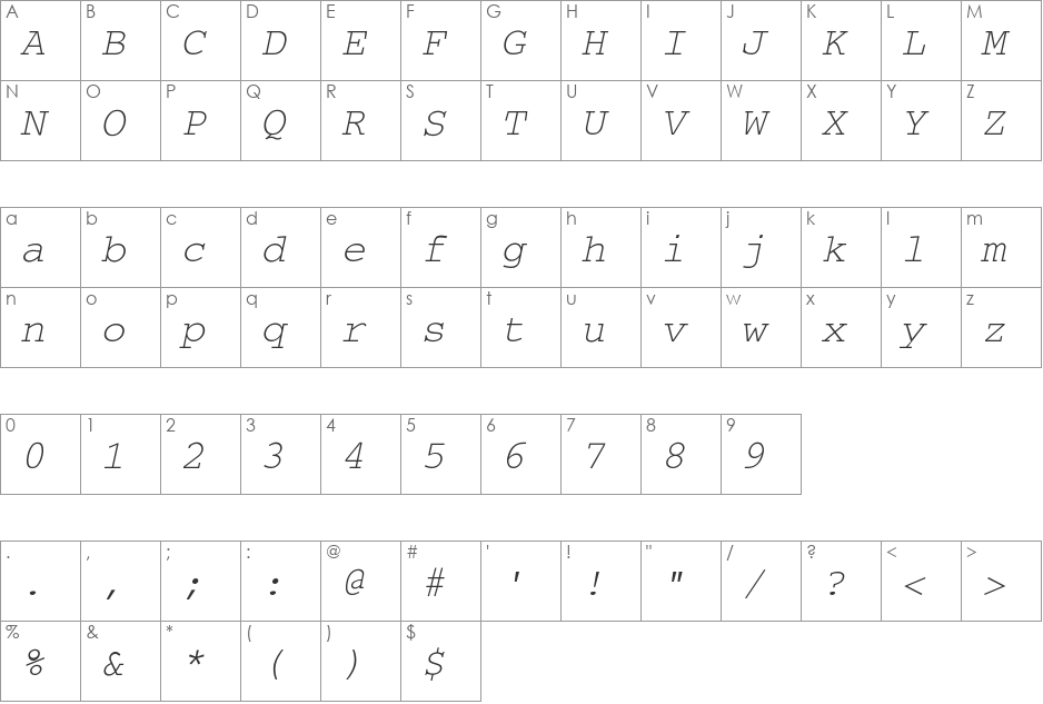 Courier-Oblique font character map preview