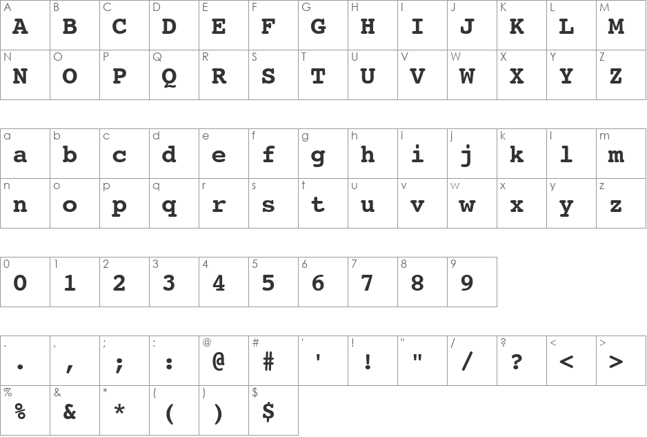 Courier10 Win95BT font character map preview