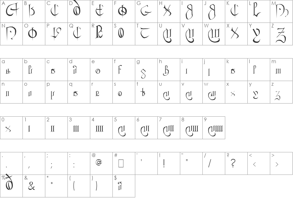 Courthand font character map preview