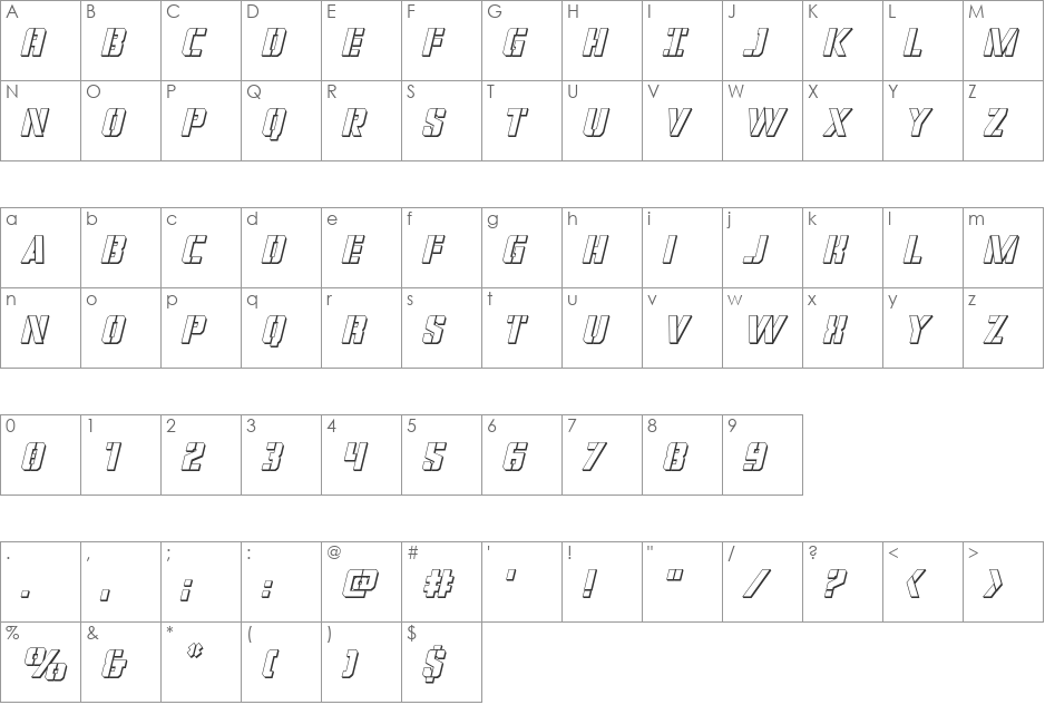 Covert Ops 3D Italic font character map preview