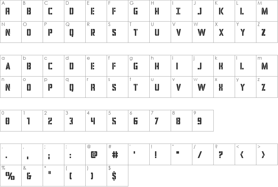Covert Ops Condensed font character map preview