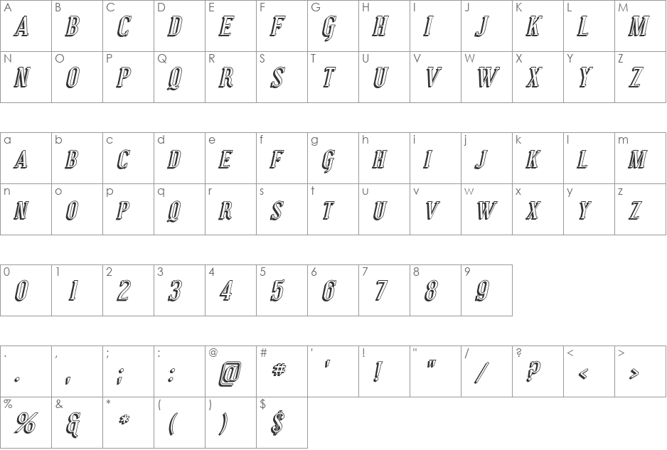 Covington SC Shadow font character map preview