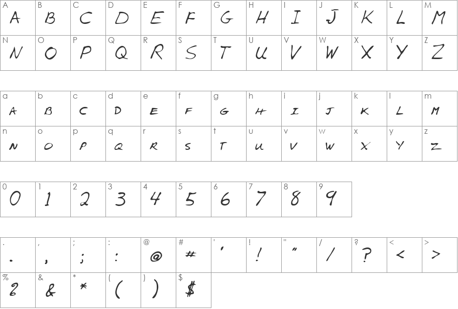 AlexsHand font character map preview