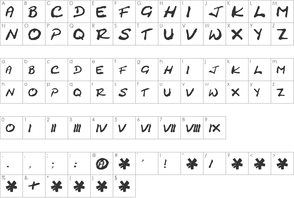 Cracked Johnnie font character map preview