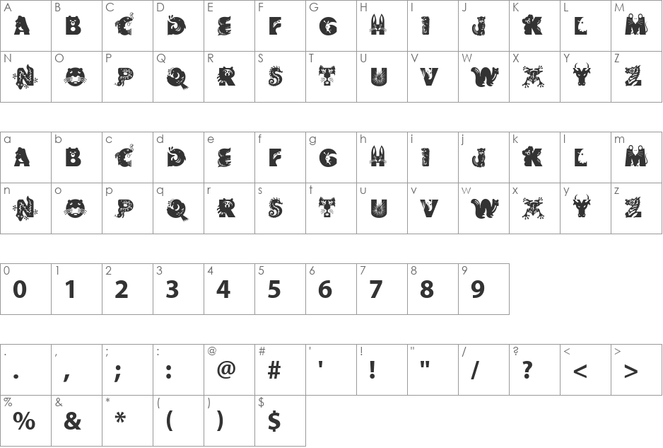 Critter font character map preview