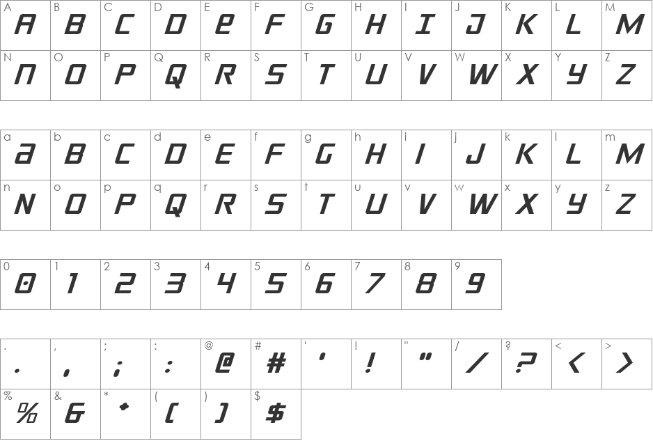 Crixus Expanded Italic font character map preview