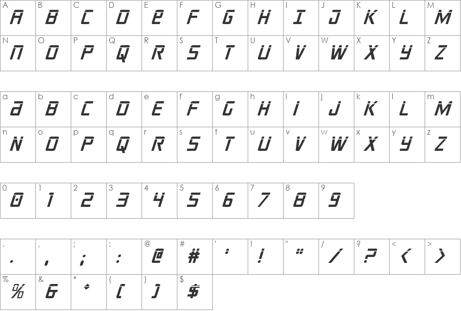 Crixus Laser Italic font character map preview