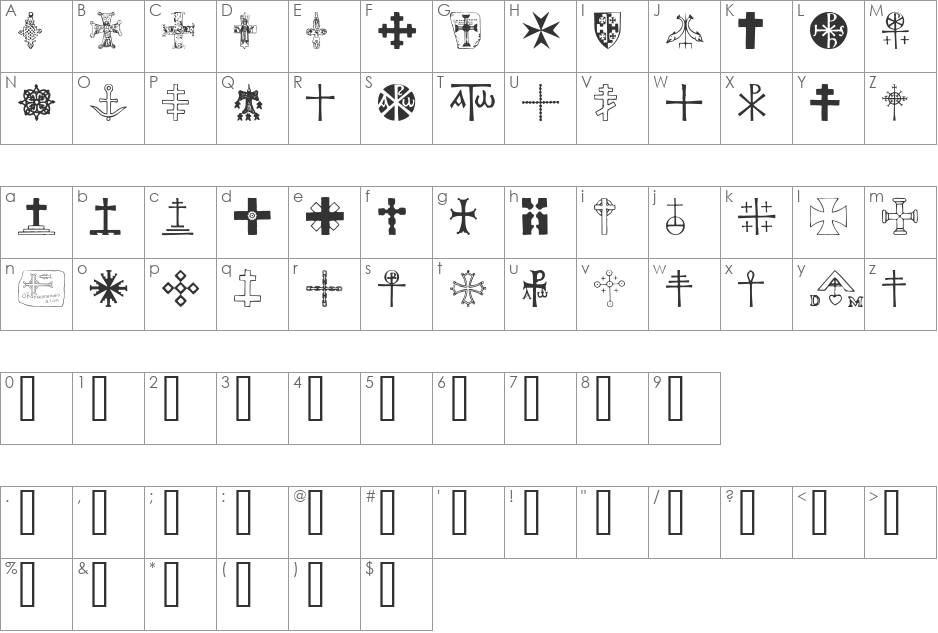 Crosses font character map preview