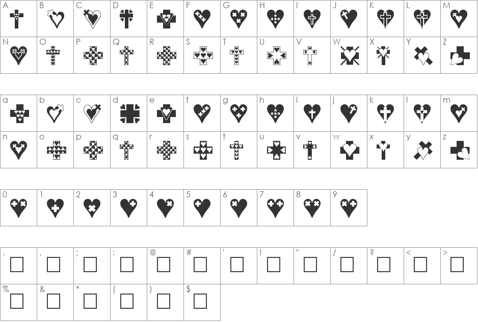 Crosses n Hearts font character map preview