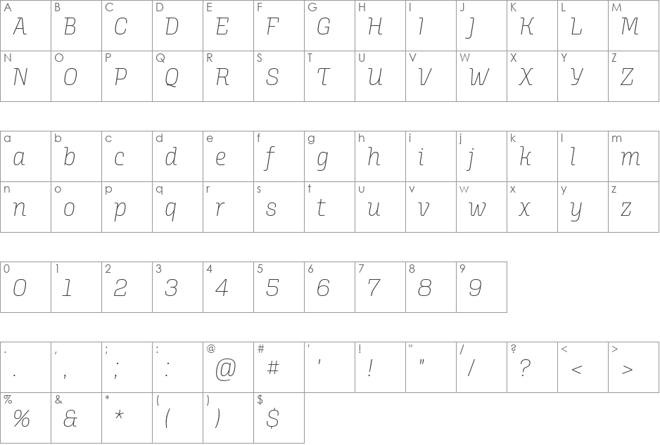 Alianza Italic font character map preview