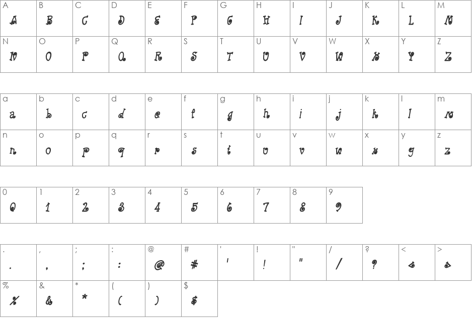 CRU-Kanda-Hand-Written-Bold-Ita font character map preview