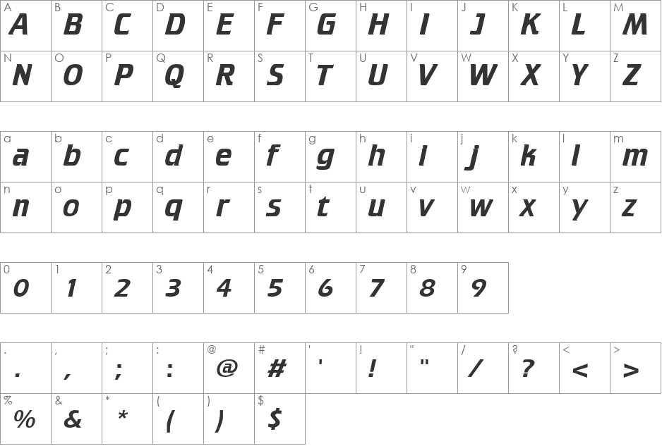 Cruiser font character map preview