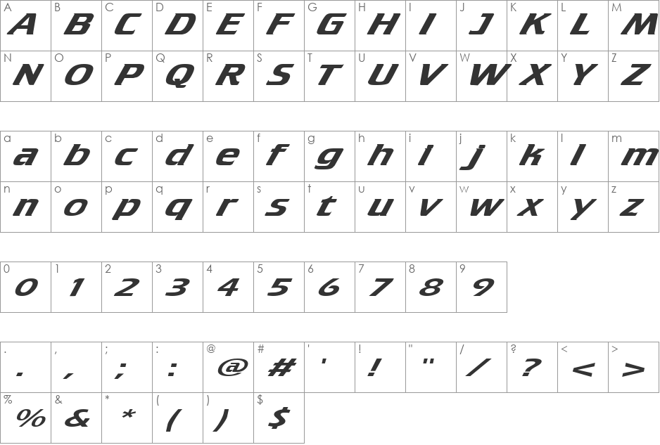 CruiserExtended font character map preview