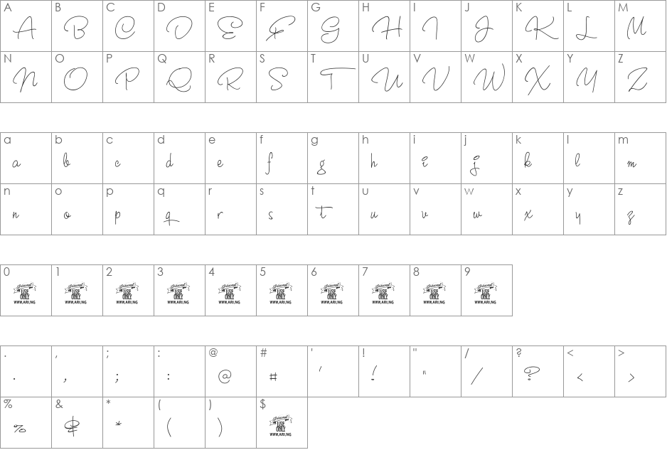 Crunchy PERSONAL USE ONLY font character map preview