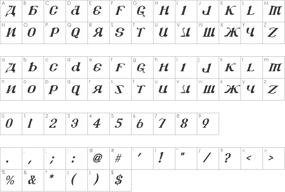 csar italic font character map preview