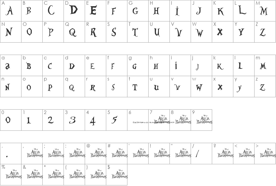 AliciaWonderland font character map preview