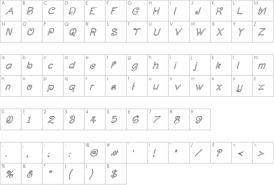 Curlmudgeon Hollow Italic font character map preview