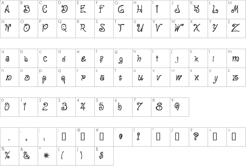 Curly font character map preview