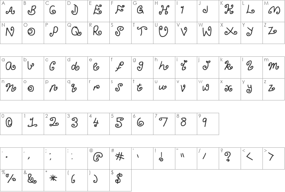 curly Claudia font character map preview