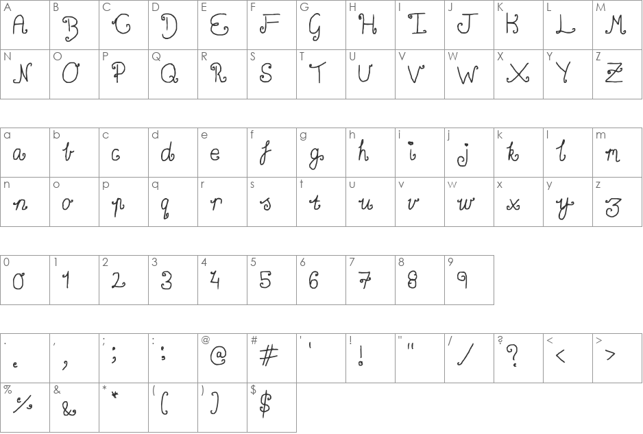 Curly twirly font character map preview