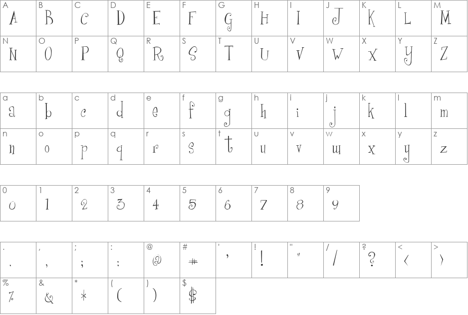 CurlyCue font character map preview