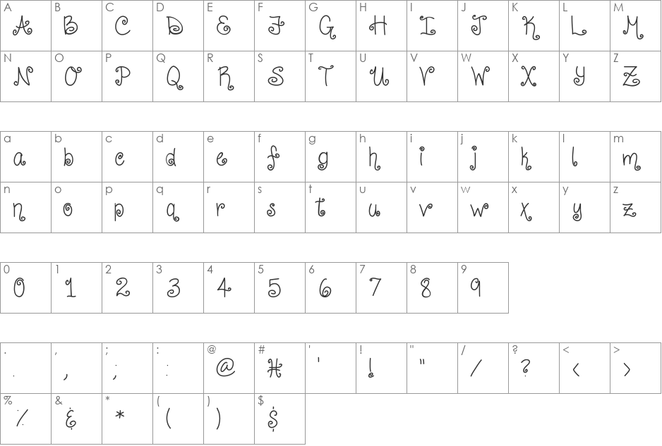 CurlyShirley font character map preview