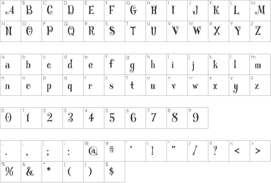 CurlyStars font character map preview