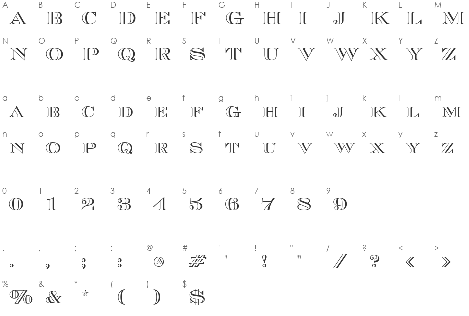 Currency Outline font character map preview