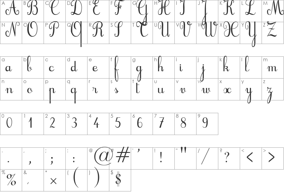 Cursif font character map preview