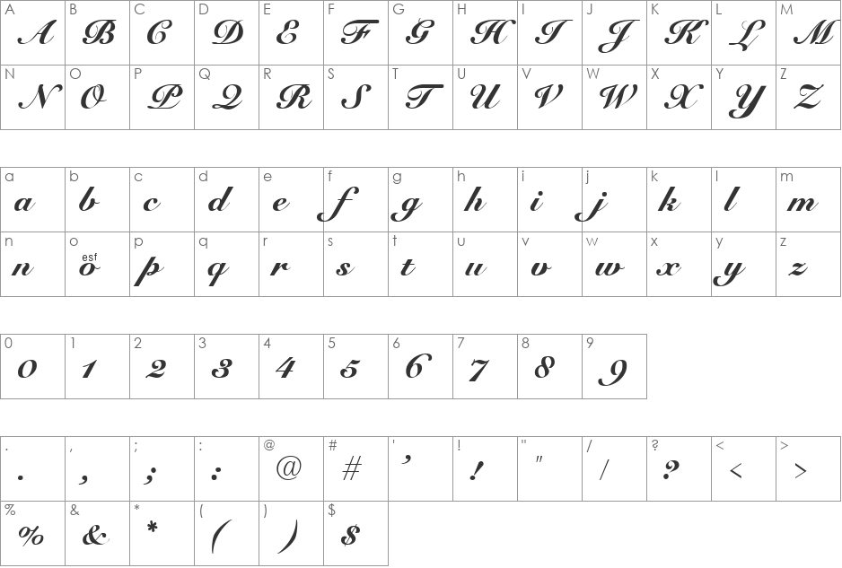 Cursive Elegant font character map preview