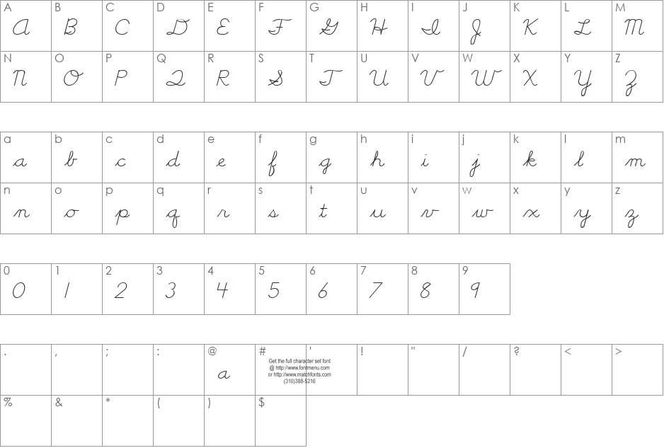 Cursive Handwriting Tryout font character map preview
