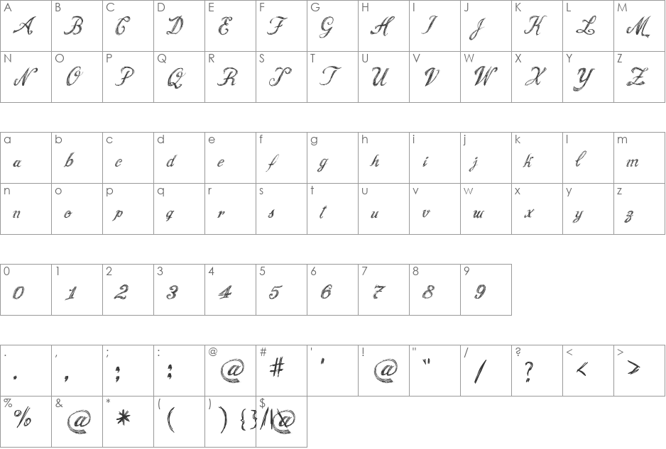 Cursive Nice N New font character map preview