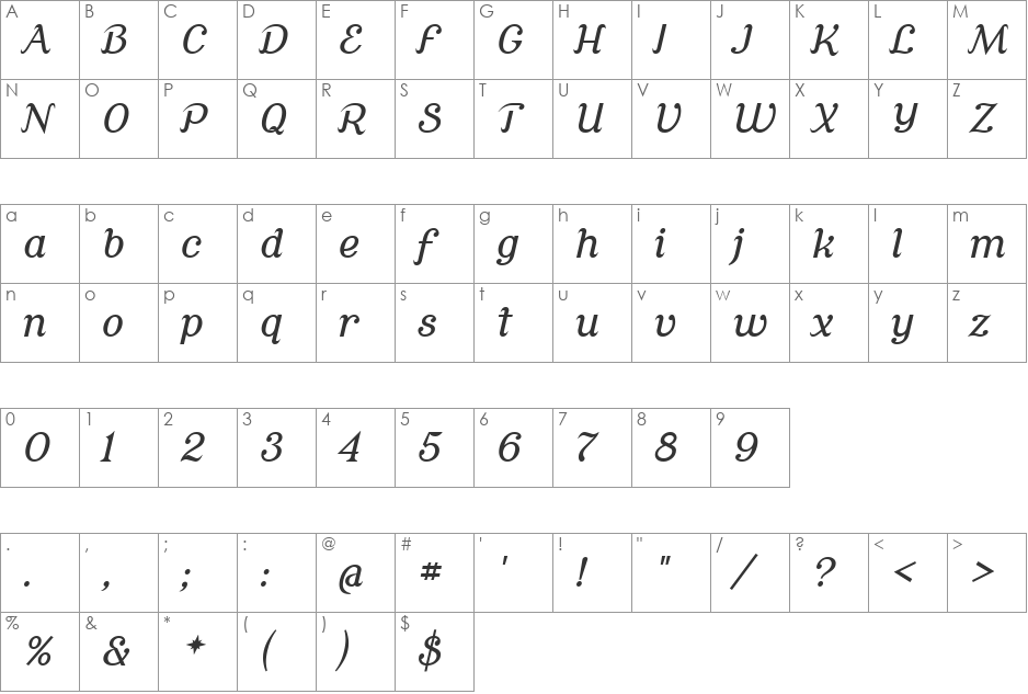 Cursive Serif font character map preview