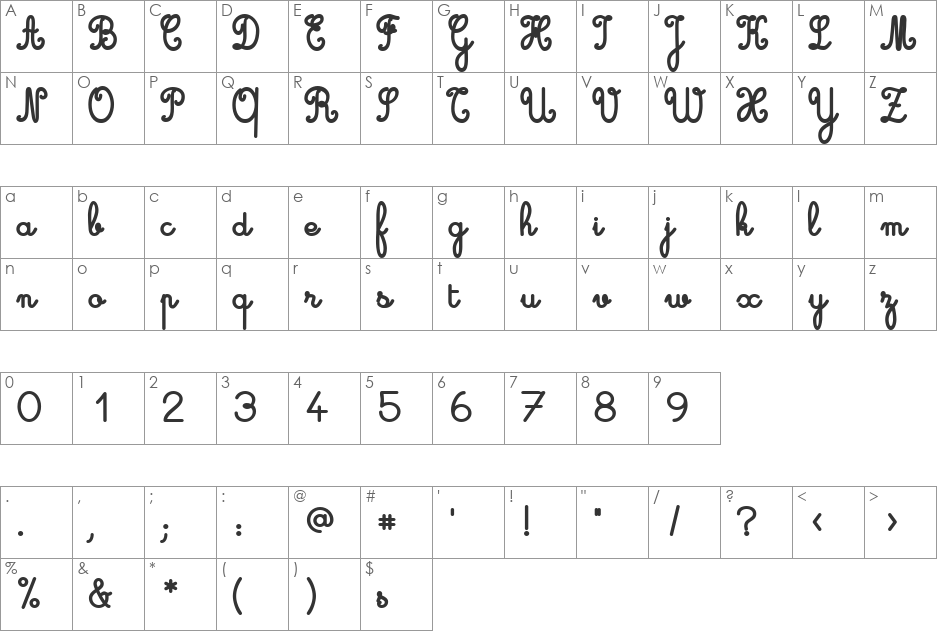 Cursive standard font character map preview