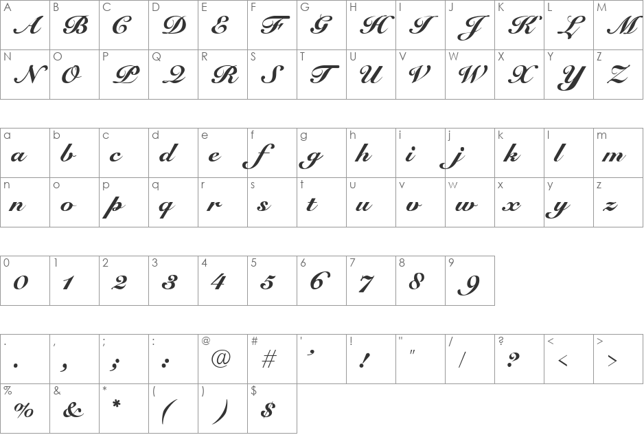Cursive-Elegant font character map preview