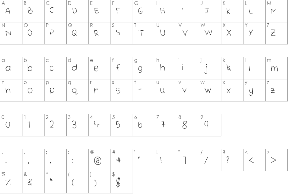 CuteHandWriting font character map preview