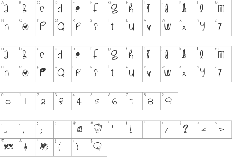 CuteLove font character map preview