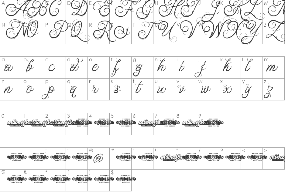 Ababil Script DEMO font character map preview