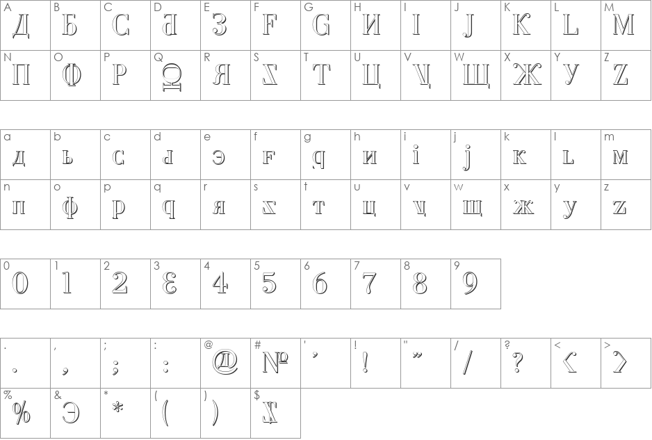Cyberia Shadow font character map preview