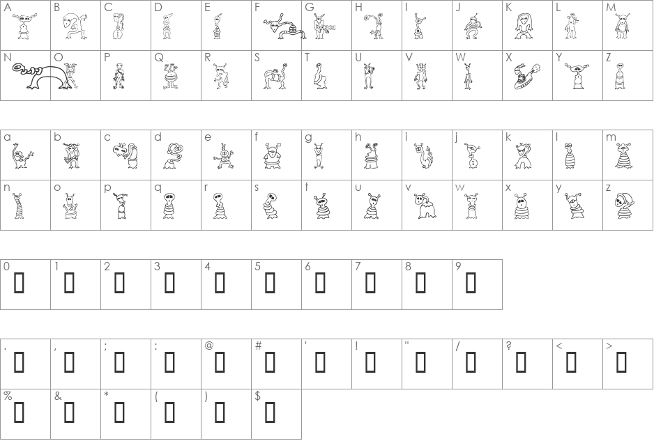 Alien Twits font character map preview