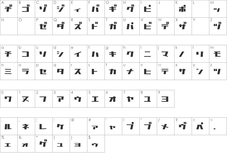 D3 Factorism Katakana font character map preview