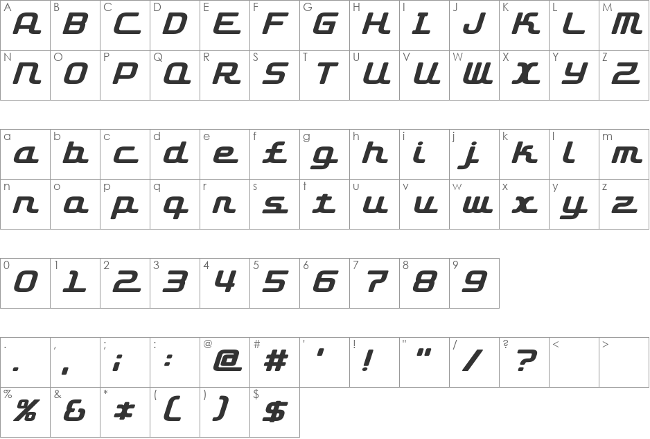 D3 Roadsterism Italic font character map preview