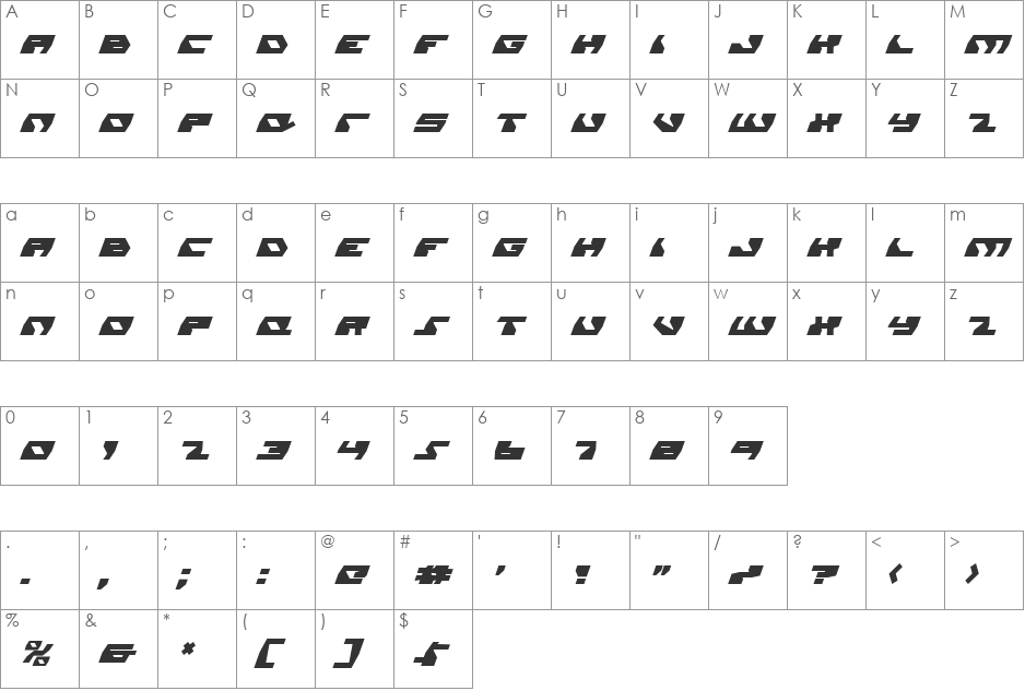Daedalus Italic font character map preview
