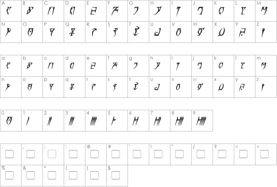 Daedra font character map preview