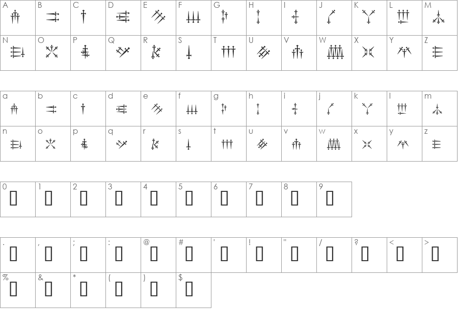 Daggers Alphabet font character map preview