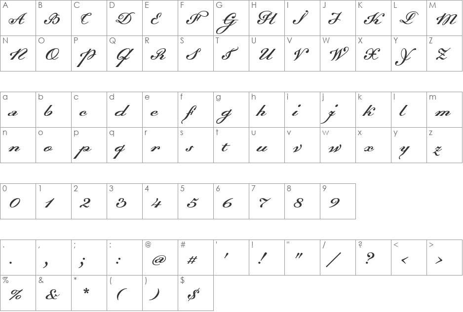 Dalliance Script Display font character map preview