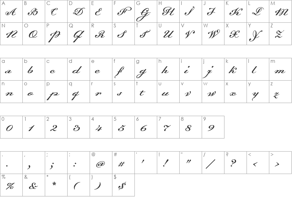 Dalliance Script Display Italic font character map preview
