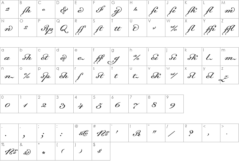 Dalliance Script Ligatures font character map preview